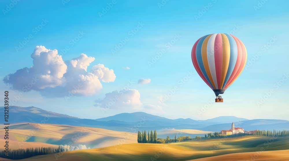 Obraz premium A colorful hot air balloon floats over rolling hills under a bright blue sky, surrounded by fluffy clouds and distant mountains.