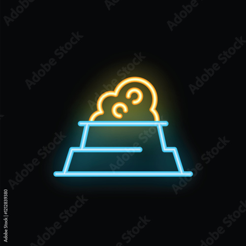 Bright glowing neon icon of a steaming bowl full of pet food, great for animal and pet businesses