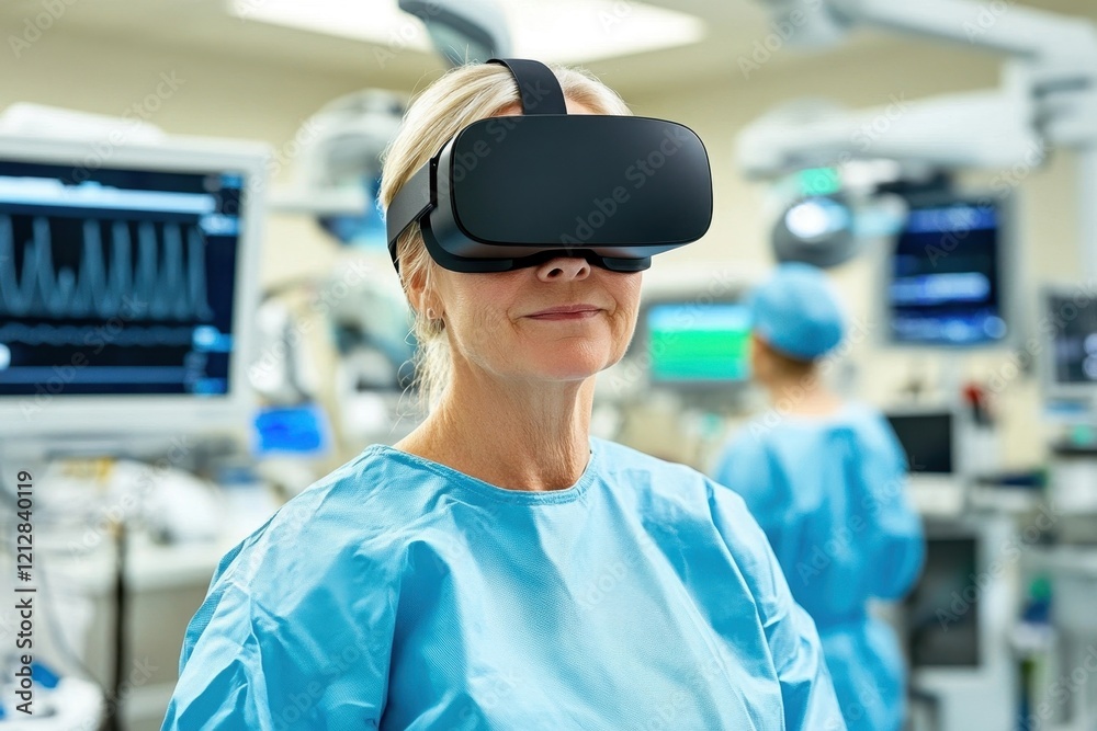 A woman wearing a VR headset in a medical setting, focused on virtual reality technology during a surgical procedure. A woman wearing a VR headset in a medical setting, focused on virtual reality technology during a surgical procedure.