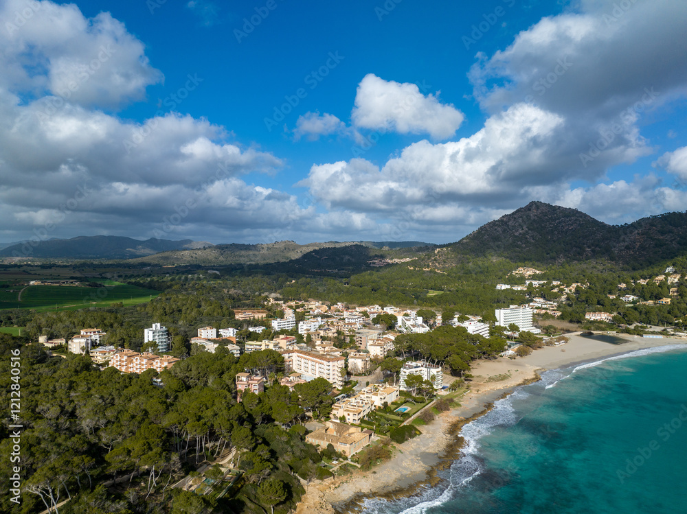Fototapeta premium Aerial View , Cuevas de Arta and Platja de Canyamel, Capdepera, Mallorca, Balearic Islands, Spain