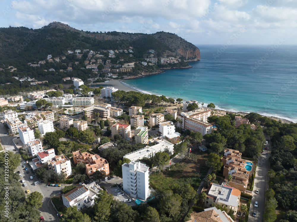 Naklejka premium Aerial View , Cuevas de Arta and Platja de Canyamel, Capdepera, Mallorca, Balearic Islands, Spain