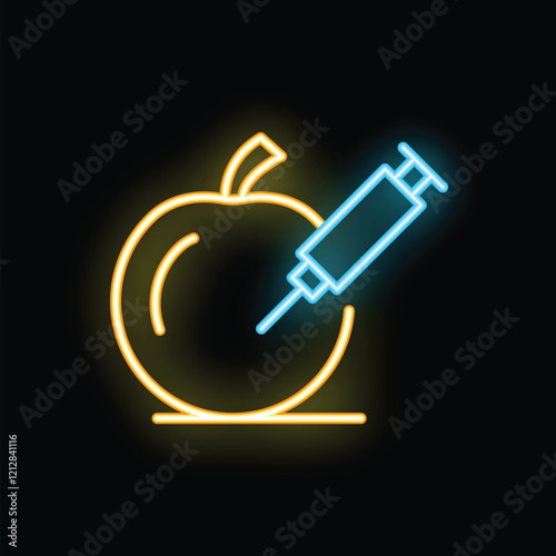 Syringe injecting apple, representing genetic modification, food production and potential health risks