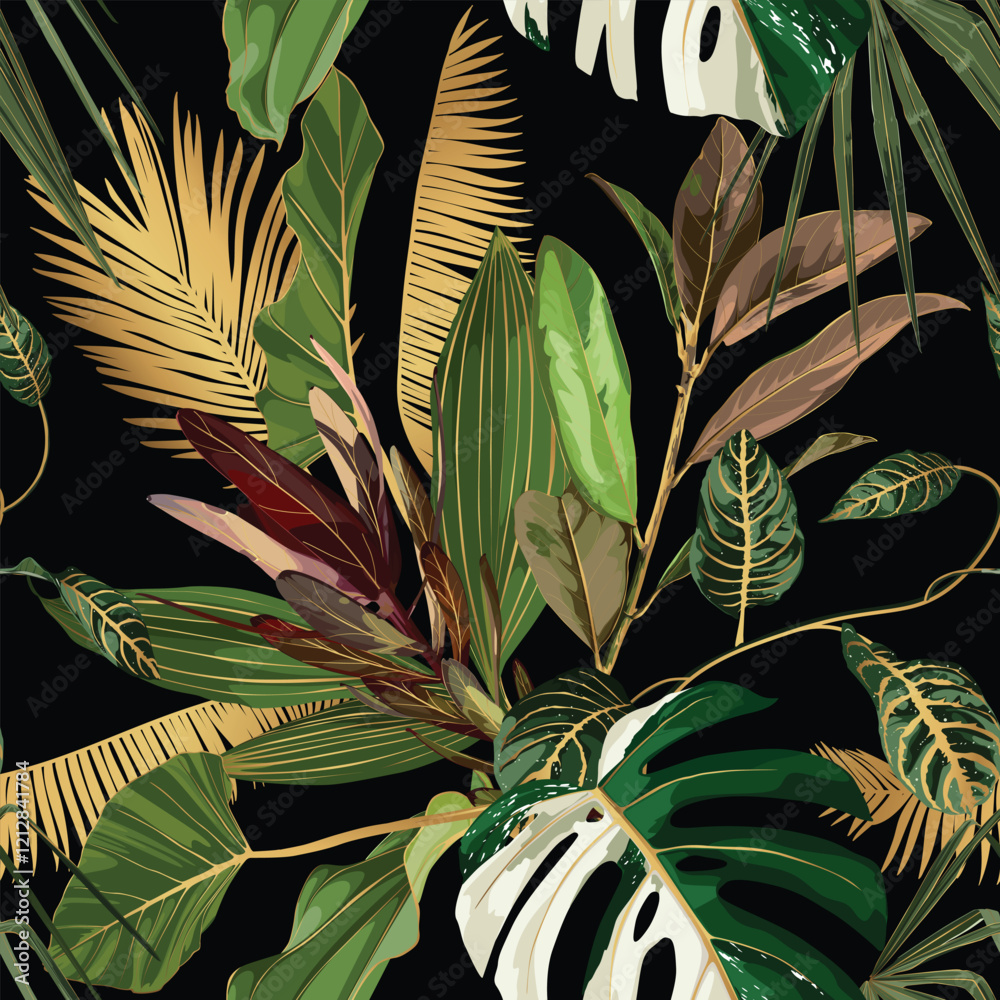 Φωτογραφία Tropical night vintage palm, banana, plant, golden leaves, floral seamless border black background