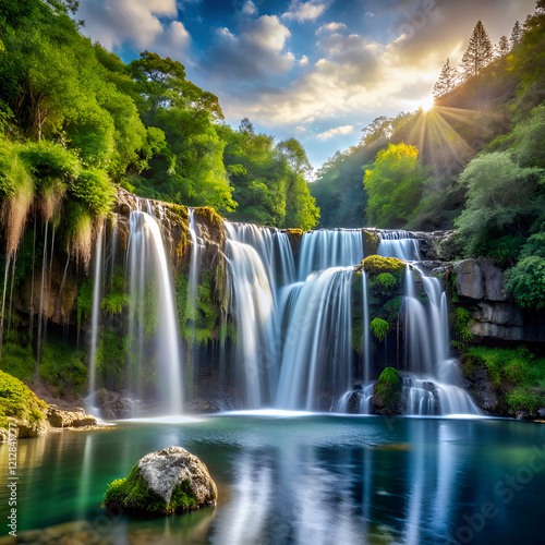 Serene waterfall cascading into a tranquil pool.