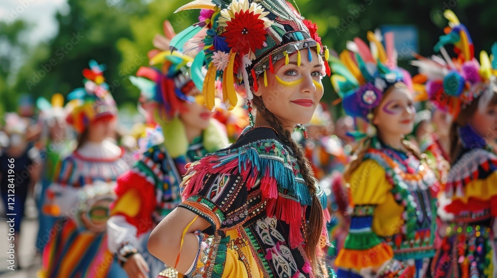 Participants in a lively parade display stunning, colorful costumes while celebrating joyfully in bright natural light Participants in a lively parade display stunning, colorful costumes while celebrating joyfully in bright natural light