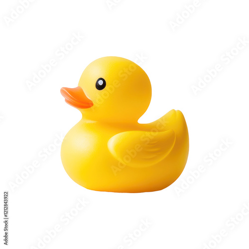 A bright yellow rubber duck toy is shown against a black background.  It is a classic bath toy.