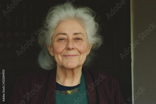 Elderly Caucasian woman with gray hair smiling warmly in a dimly lit room photo