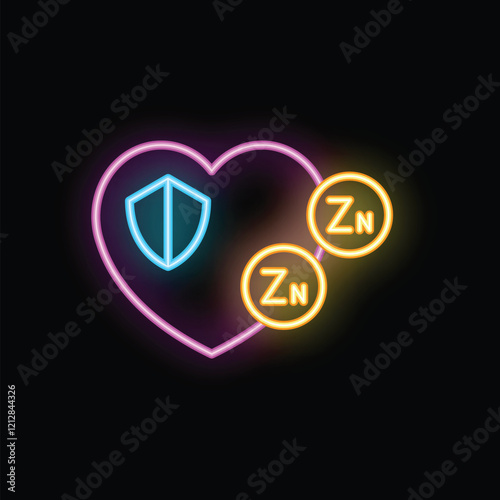 Neon heart with shield and zn chemical element symbol suggesting boosting immune system function