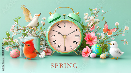 Vintage Alarm Clock with Birds and Flowers Celebrating Springtime.