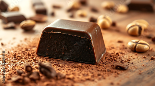 Broken Chocolate Bar and Water Droplets, Fresh and Indulgent Dessert, Soft Natural Lighting, AI-generated