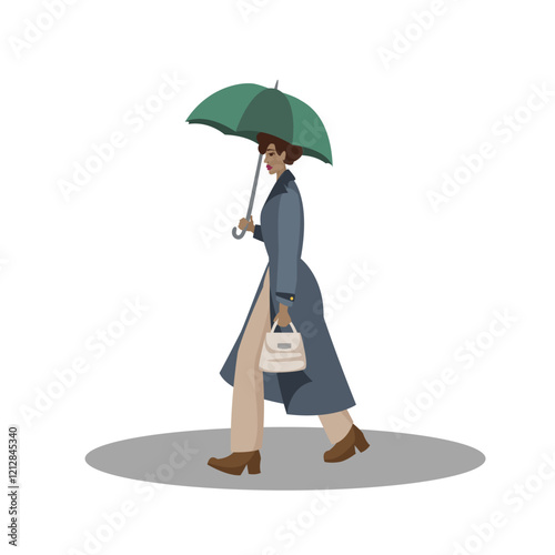 Black woman walks in a coat with a handbag and a green umbrella. Person under umbrella. Vector illustration. 