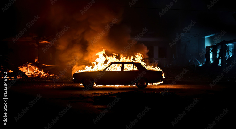 Dramatic Night View of a Car Engulfed in Flames with Intense Fire and Dark Background Dramatic Night View of a Car Engulfed in Flames with Intense Fire and Dark Background