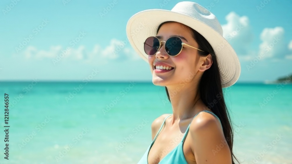 A woman wearing a white hat and sunglasses is smiling at the camera while standing on a beach. Concept of relaxation and enjoyment of the beach environment A woman wearing a white hat and sunglasses is smiling at the camera while standing on a beach. Concept of relaxation and enjoyment of the beach environment