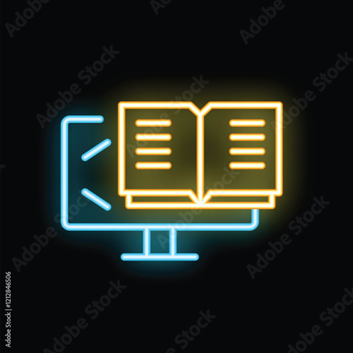 Neon icon of an open book displayed on a computer screen representing online education and digital learning resources