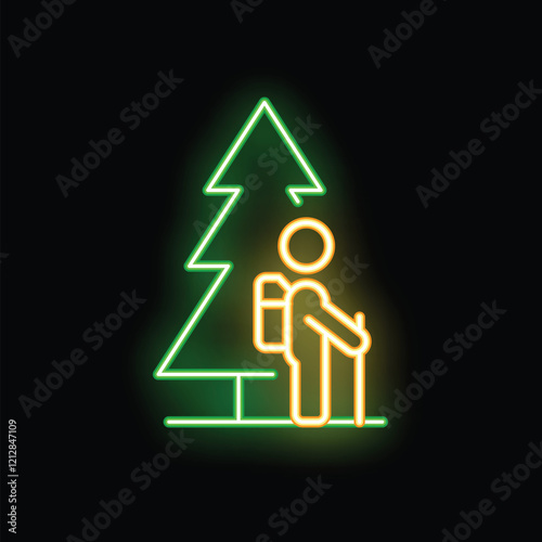 Neon sign depicting a hiker with backpack and hiking poles standing in front of a fir tree