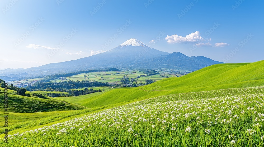 Fototapeta premium Springtime Mountain View Rolling Hills, White Flowers, Japan