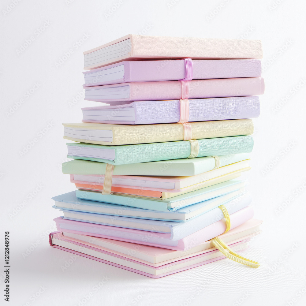 Stack of assorted notebooks and diaries in soft pastel colors on pure white background, ideal for organization and creativity Stack of assorted notebooks and diaries in soft pastel colors on pure white background, ideal for organization and creativity