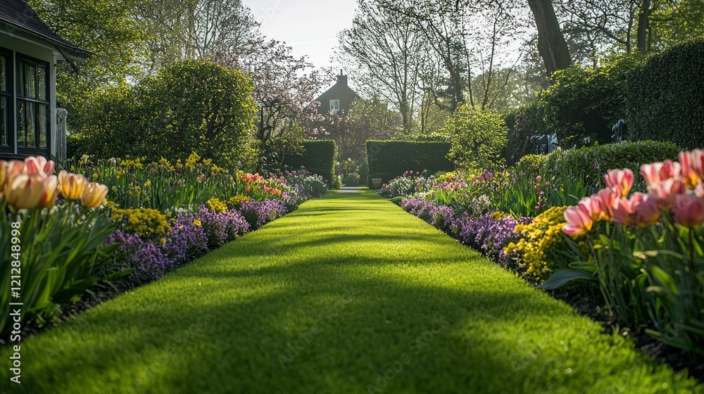 Obraz premium Flowers in vivid hues line a perfectly manicured path that invites exploration through a serene garden. Sunlight bathes the landscape, enhancing the tranquil atmosphere