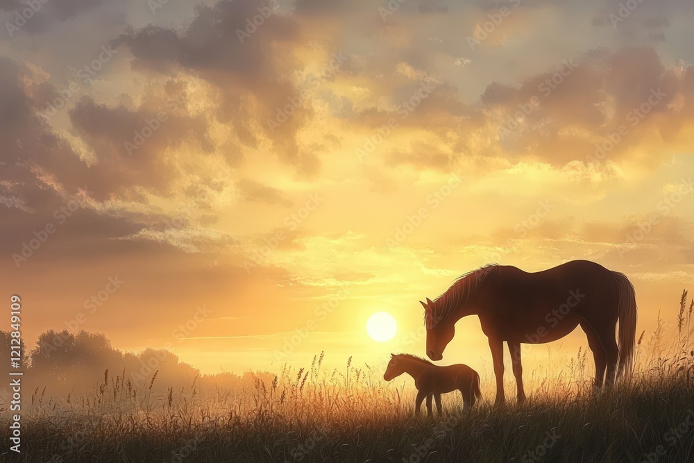 Majestic Mare and Foal at Sunrise in a Golden Field Majestic Mare and Foal at Sunrise in a Golden Field