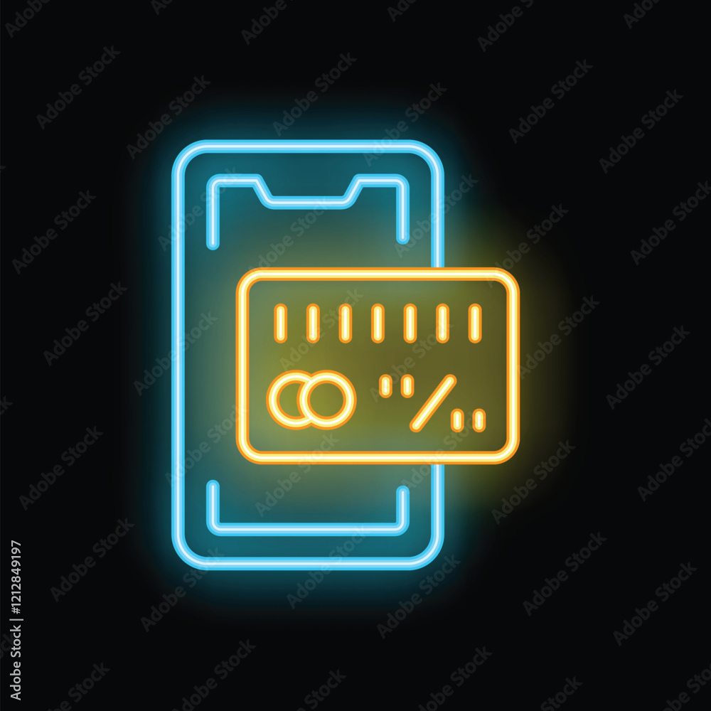 Glowing neon sign representing the concept of mobile payment with a smartphone and a credit card Glowing neon sign representing the concept of mobile payment with a smartphone and a credit card