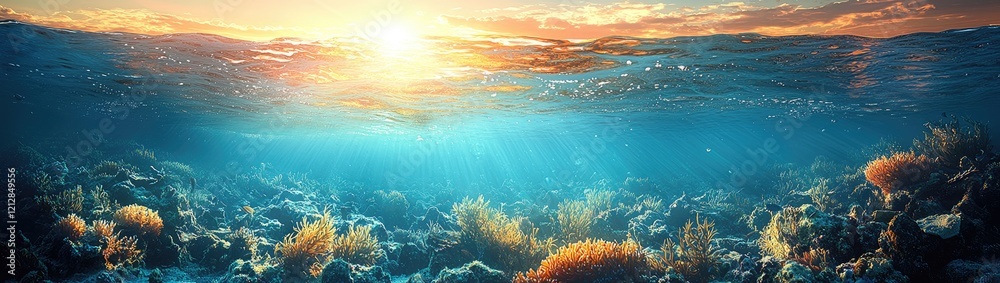 Fototapeta premium Vibrant Triple-Layer Nature Composite: Evening Sky, Turquoise Sea, and Sunlit Underwater Marine Life
