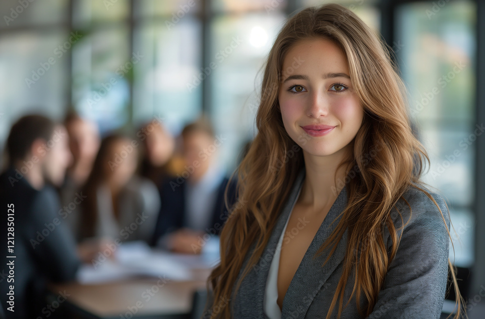 Fototapeta premium A woman with long brown hair is smiling for the camera