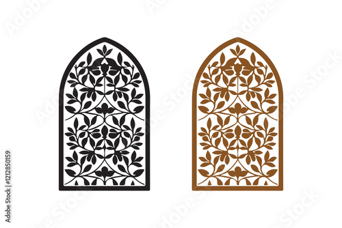 Window silhouettes with white background and color versions vector illustration, Window frame. Silhouette of window. Outline icon of house, building and facade. Black decorative arch and frame for off