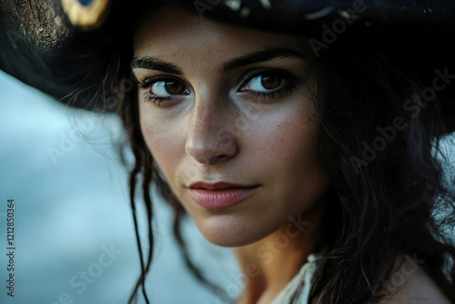 An attractive woman in a pirate costume and hat, ai generative image photo