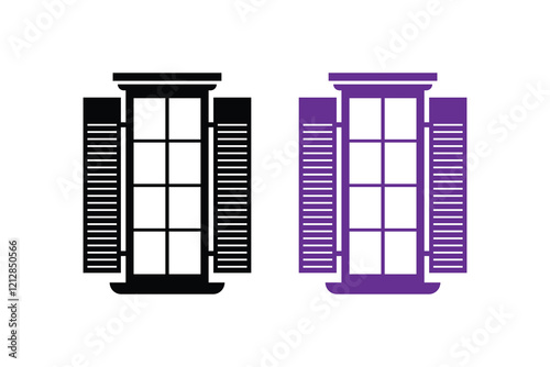 Window silhouettes with white background and color versions vector illustration, Window frame. Silhouette of window. Outline icon of house, building and facade. Black decorative arch and frame for off