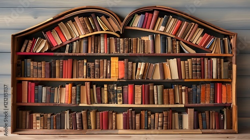 A creative book shelf shaped like an open book, with the spines forming the shelves and the cover as a decorative backdrop photo