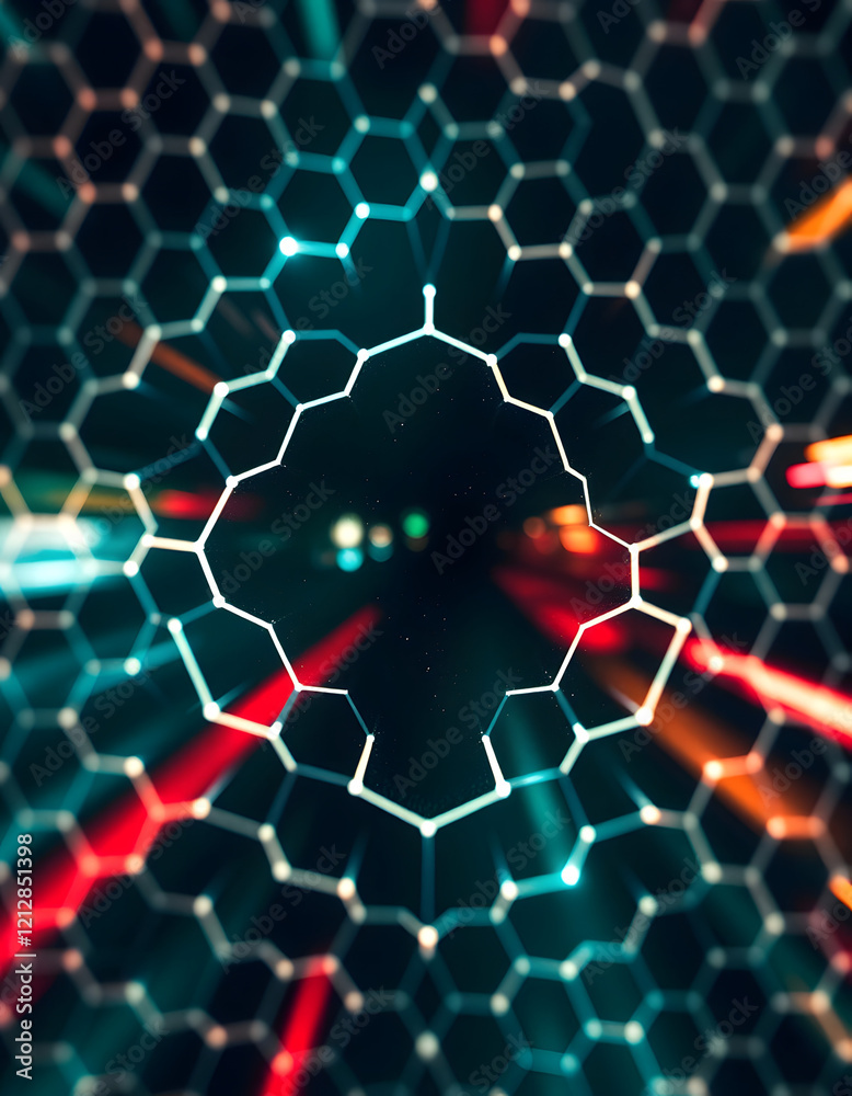 Obraz premium Hexagon grid with abstract high speed technology POV motion blur, retro style, with white tones