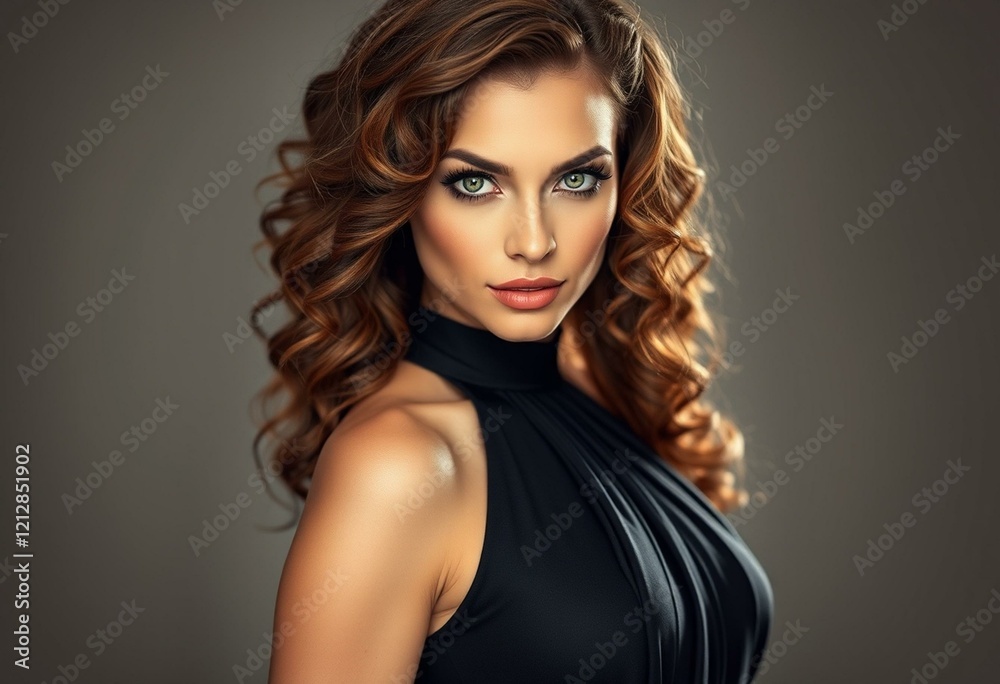 Naklejka premium A glamorous woman in a black evening gown with long curly hair and piercing green eyes