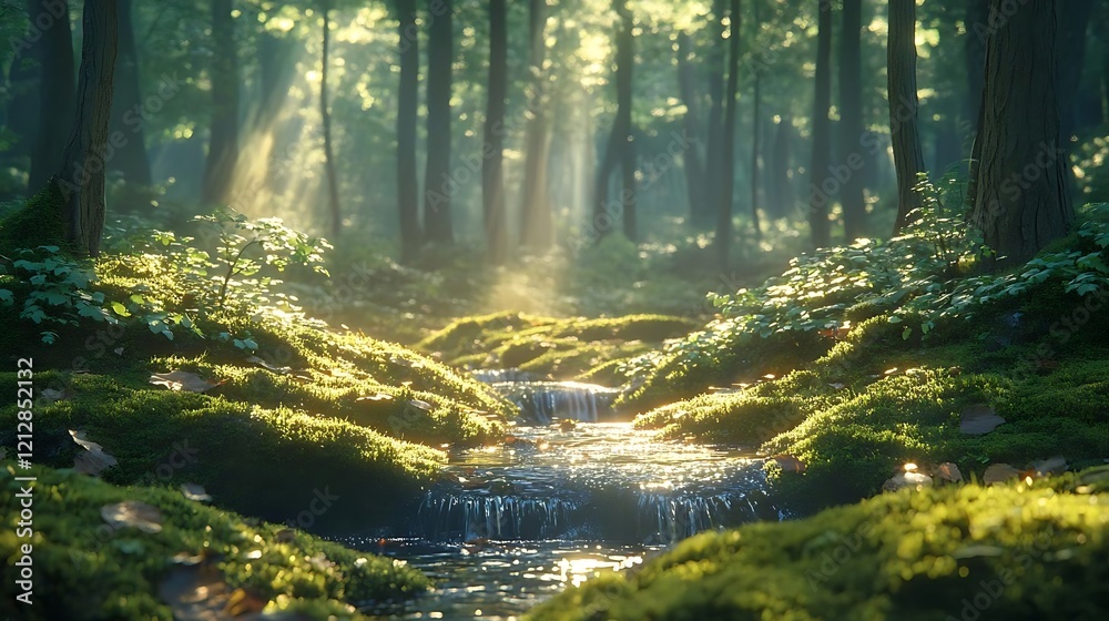 Obraz premium Sunlit forest stream flowing over moss-covered rocks.