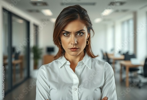 Woman in a modern office setting, expressing negative emotions