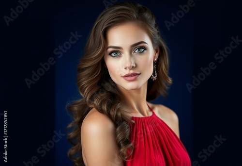 Portrait of a glamorous woman in a red evening gown