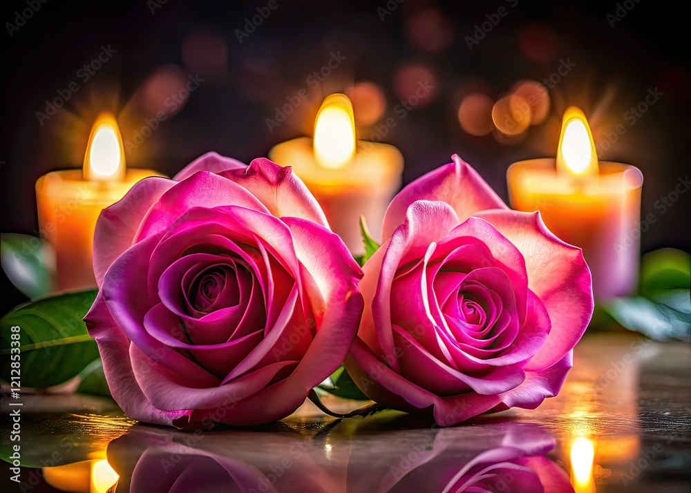Romantic Candlelight Pink Roses, Elegant Floral Photography,  Soft Lighting
