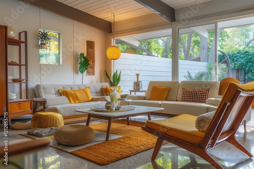 Modern interior with midcentury luxury. Bright  modern living room with stylish furniture and natural light.