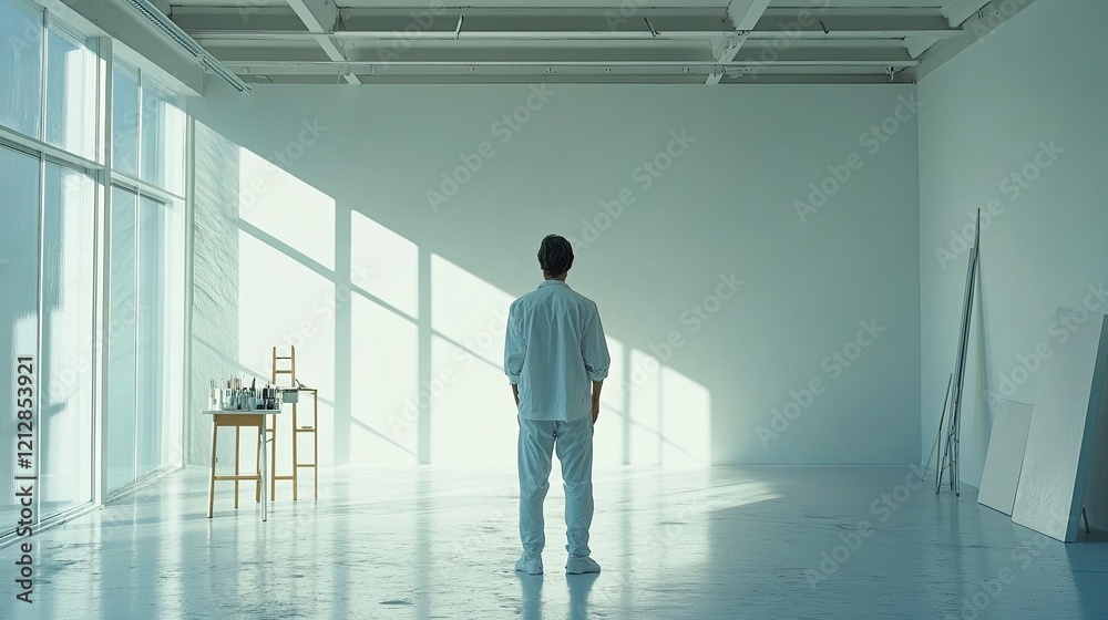 A man in painting gear stands in an empty, bright room with painting tools, looking ready for the first stroke of the day. A man in painting gear stands in an empty, bright room with painting tools, looking ready for the first stroke of the day.