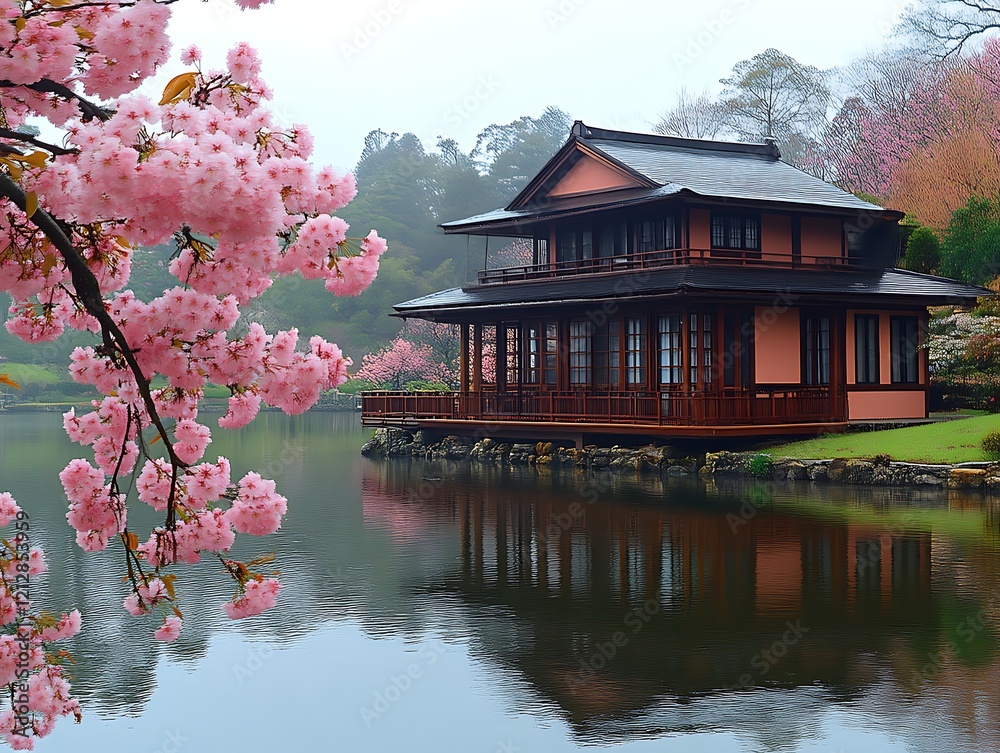 Fototapeta premium Tranquil Japanese house by lake with cherry blossoms.