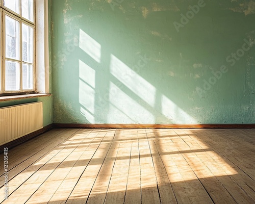 Sunlit Empty Room with Vintage Wooden Floor and Green Walls