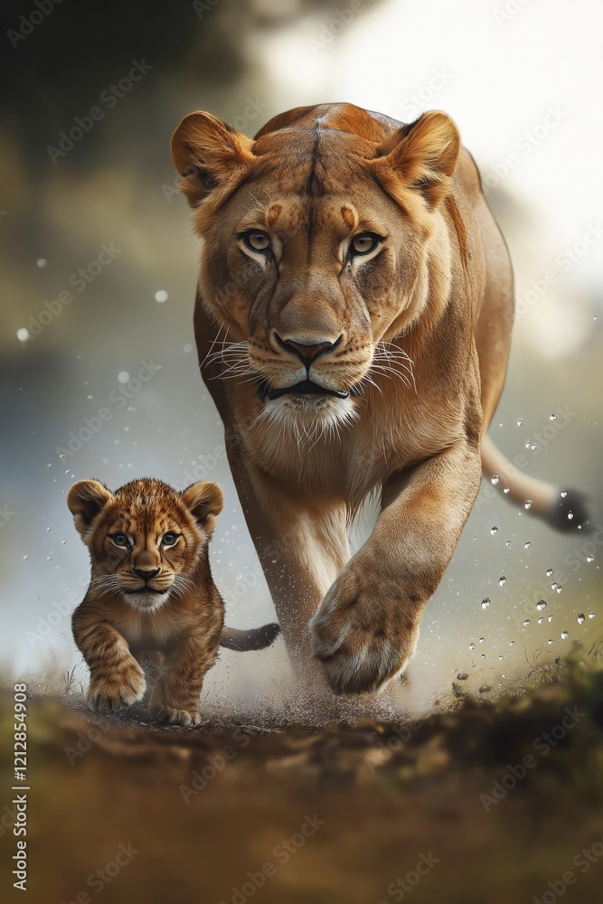 Obraz premium A dynamic wildlife photograph of a lioness and a baby cub lion , a misty twilight , droplets of dew flying through the air, with focus on the lion and blurred motion in the background, photorealistic.
