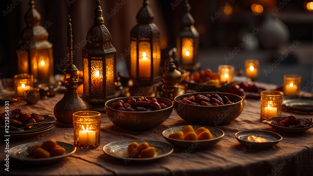 Warm Ramadan feast setting with dates candles and ornate lanterns creating a serene ambiance Iftar dinner time Warm Ramadan feast setting with dates candles and ornate lanterns creating a serene ambiance Iftar dinner time