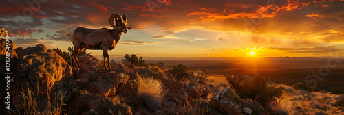 Sunset Standoff: A Majestic Bighorn Sheep Basks in the Breathtaking Beauty of New Mexico's Landscape