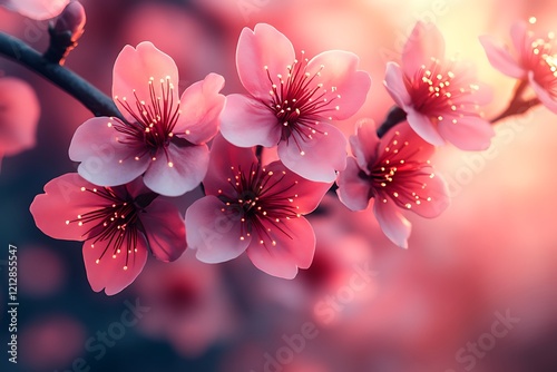 Pink cherry blossoms blooming on a branch in sunlight
