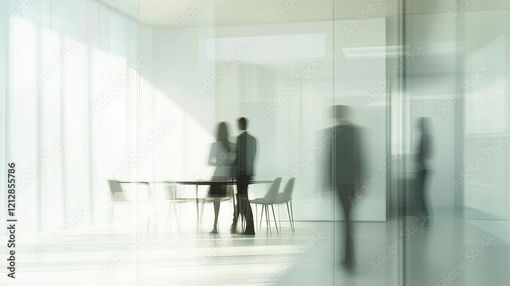 Professional meeting in progress, blurred business figures captured mid-discussion in a modern office with neutral tones and minimalist furnishings Professional meeting in progress, blurred business figures captured mid-discussion in a modern office with neutral tones and minimalist furnishings