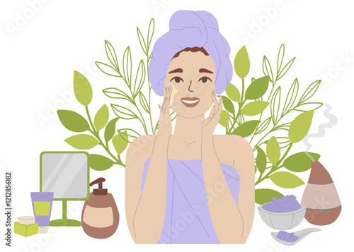 Self love. Home spa. Design for beauty salon wallpaper, relaxation brochure, self care packaging.