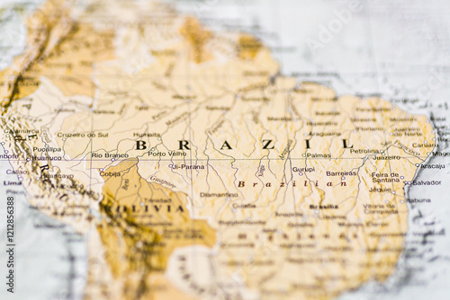 World map.Brazil and surrounding South American countries.Political Map close up photo.