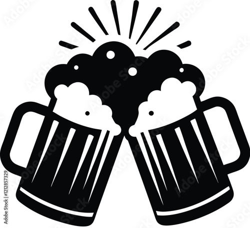 Beer mug silhouette, Two clinking frothy beer mugs icon vector illustration  
