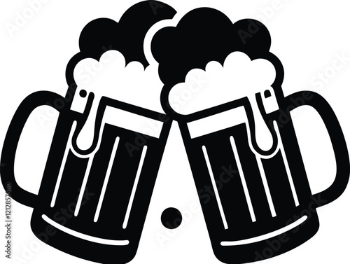 Beer mug silhouette, Two clinking frothy beer mugs icon vector illustration  
