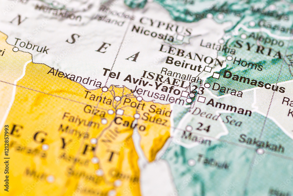 World map. Israel, Tel Aviv on the geographical map, world tourism, destination. Political map close-up. Photo. World map. Israel, Tel Aviv on the geographical map, world tourism, destination. Political map close-up. Photo.